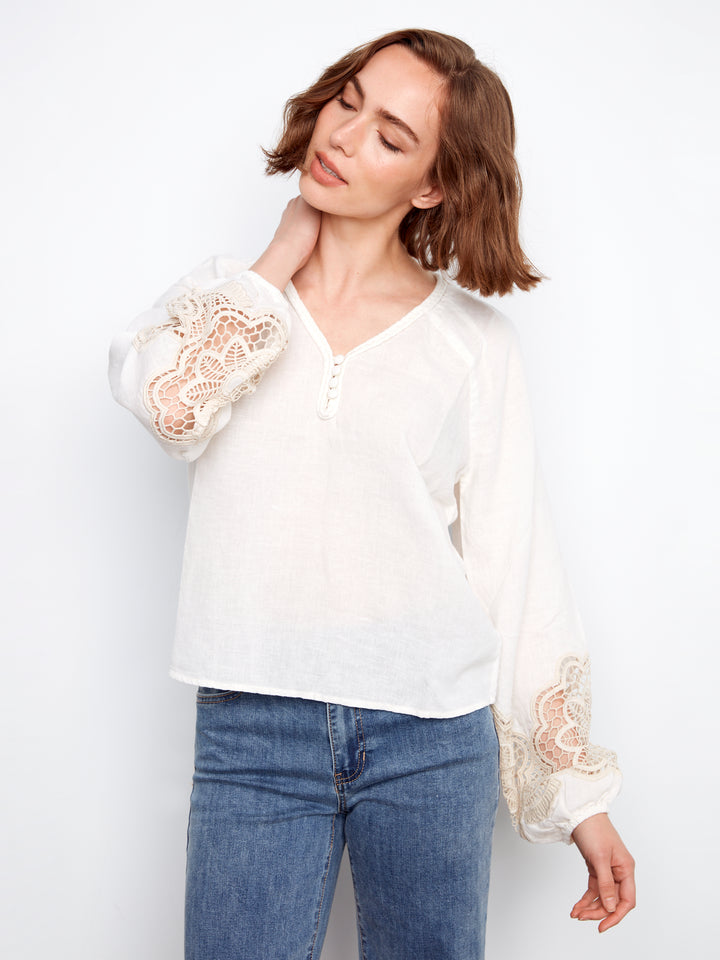 Embroidered Linen Blend V -Neck Long Sleeve Blouse