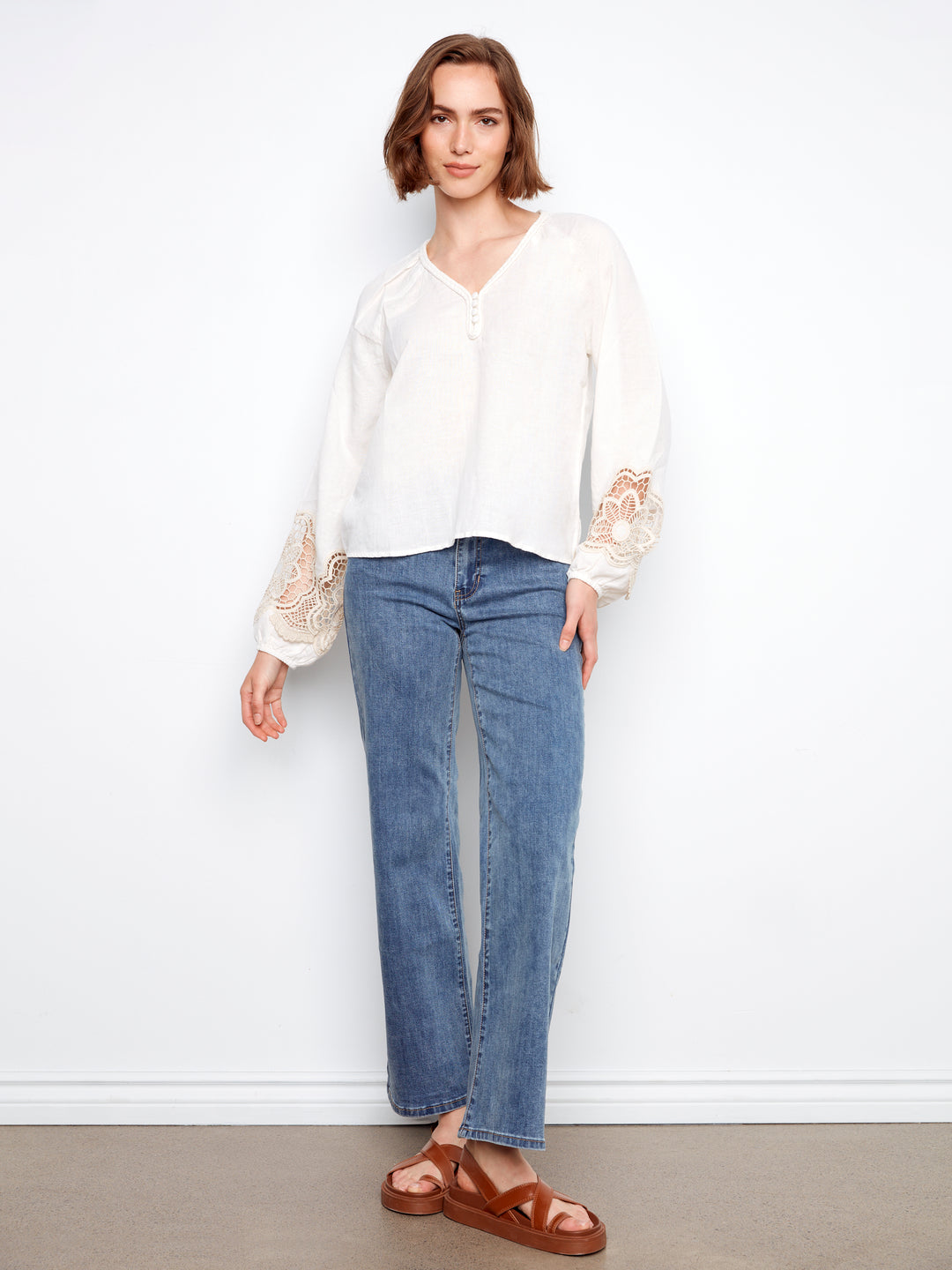 Embroidered Linen Blend V -Neck Long Sleeve Blouse