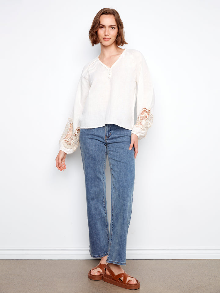 Embroidered Linen Blend V -Neck Long Sleeve Blouse