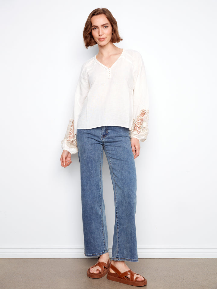 Embroidered Linen Blend V -Neck Long Sleeve Blouse