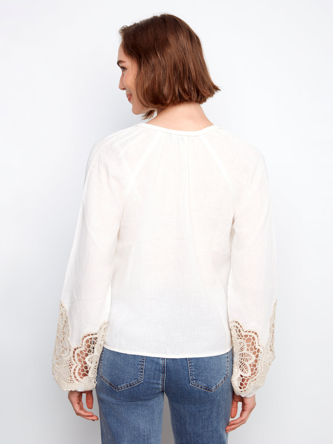 Embroidered Linen Blend V -Neck Long Sleeve Blouse