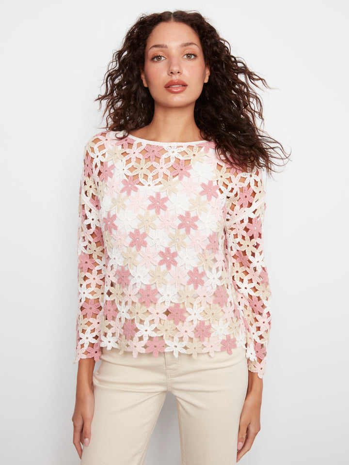 3/4 Sleeve Crochet Flower Blouse