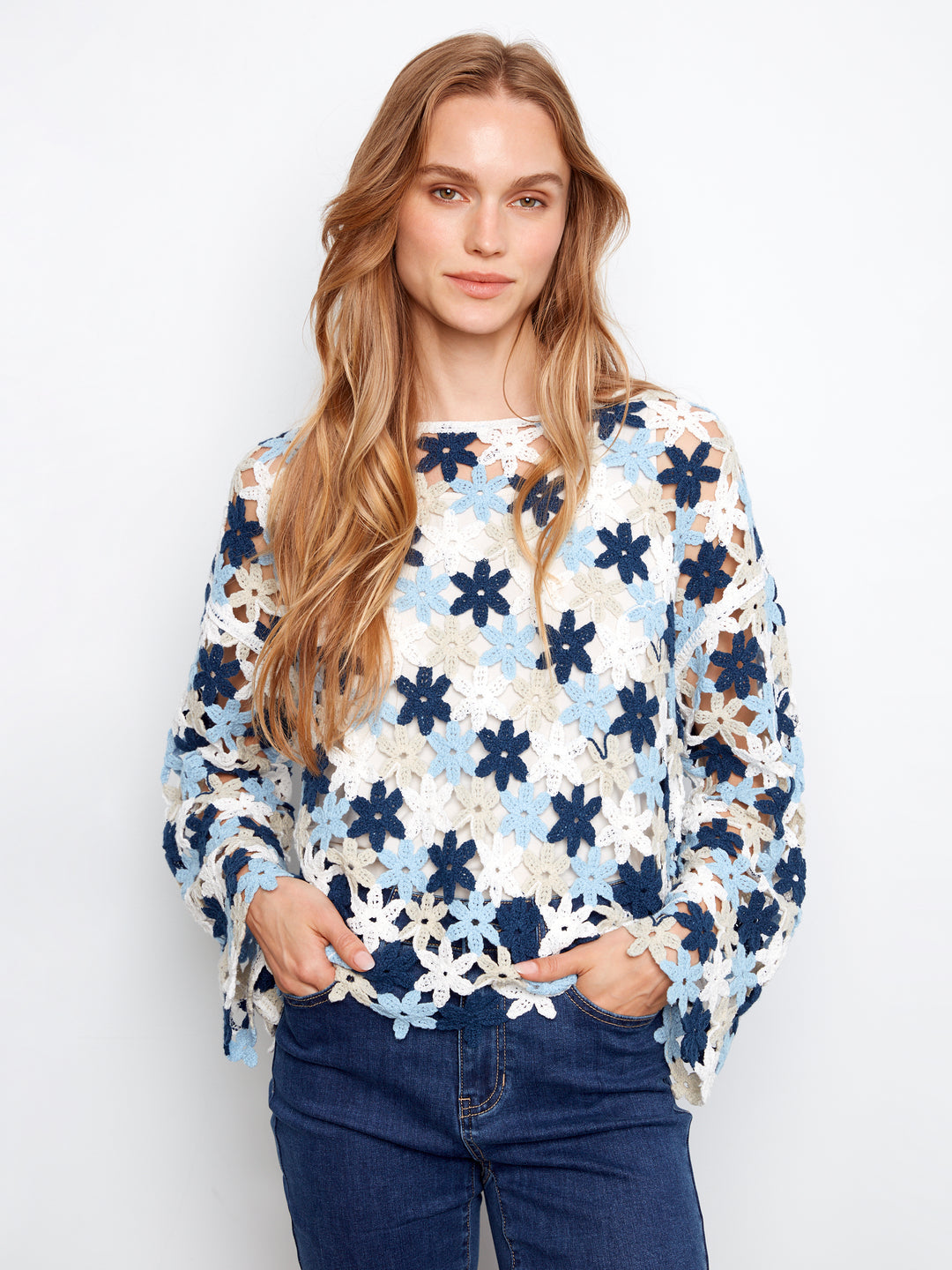 3/4 Sleeve Crochet Flower Blouse