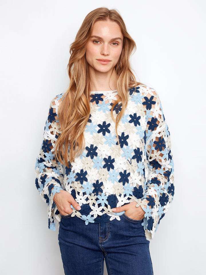 3/4 Sleeve Crochet Flower Blouse