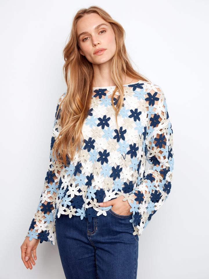 3/4 Sleeve Crochet Flower Blouse