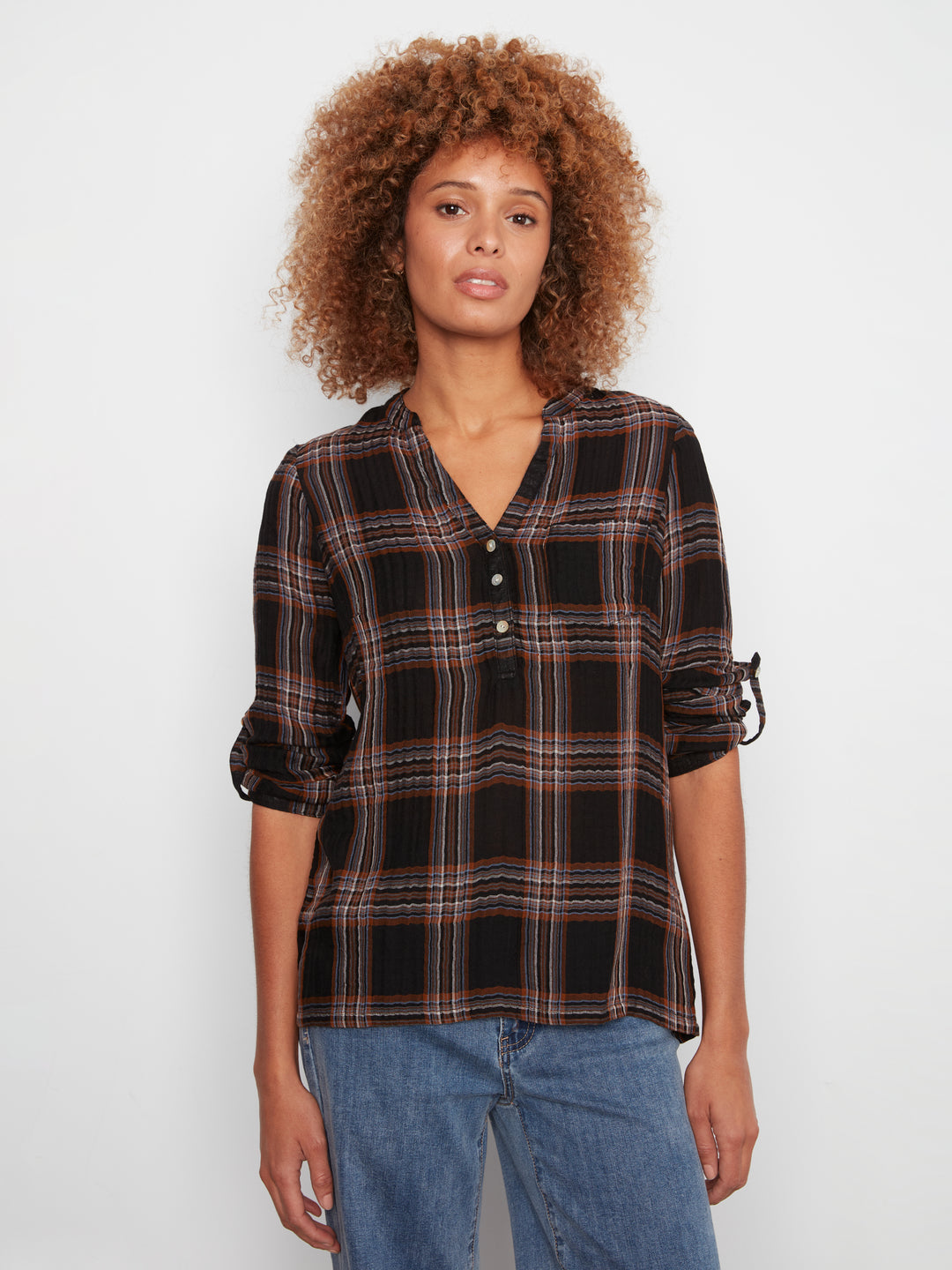 Printed Double Gauze  Roll Up Sleeve Blouse