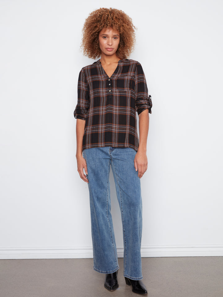 Printed Double Gauze  Roll Up Sleeve Blouse