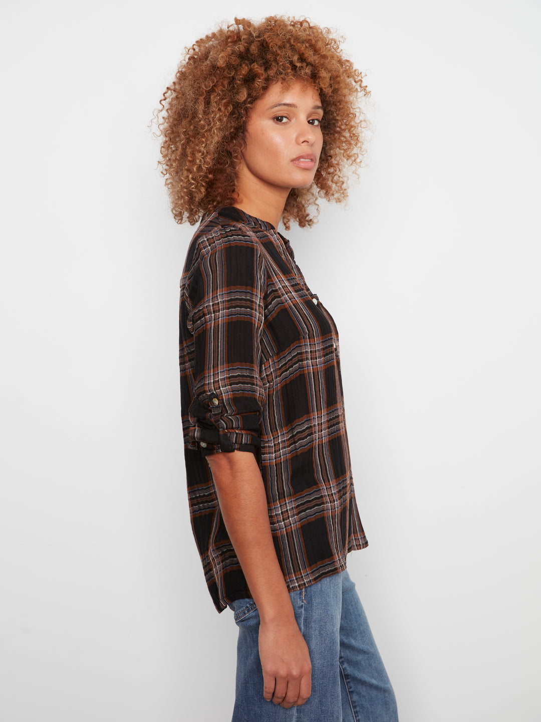 Printed Double Gauze  Roll Up Sleeve Blouse
