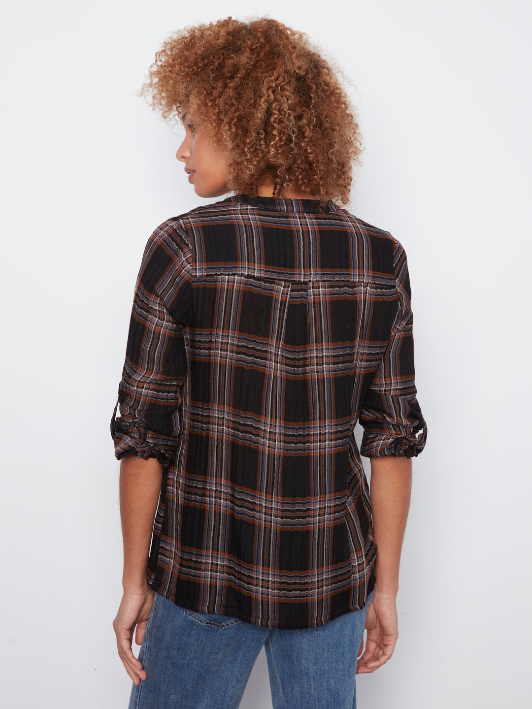 Printed Double Gauze  Roll Up Sleeve Blouse