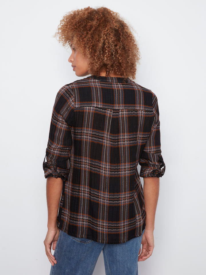 Printed Double Gauze  Roll Up Sleeve Blouse