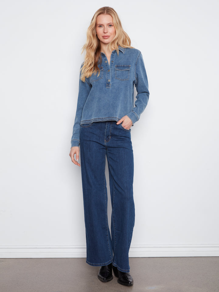 Tencel Denim Long Sleeve Half Placket Shirt