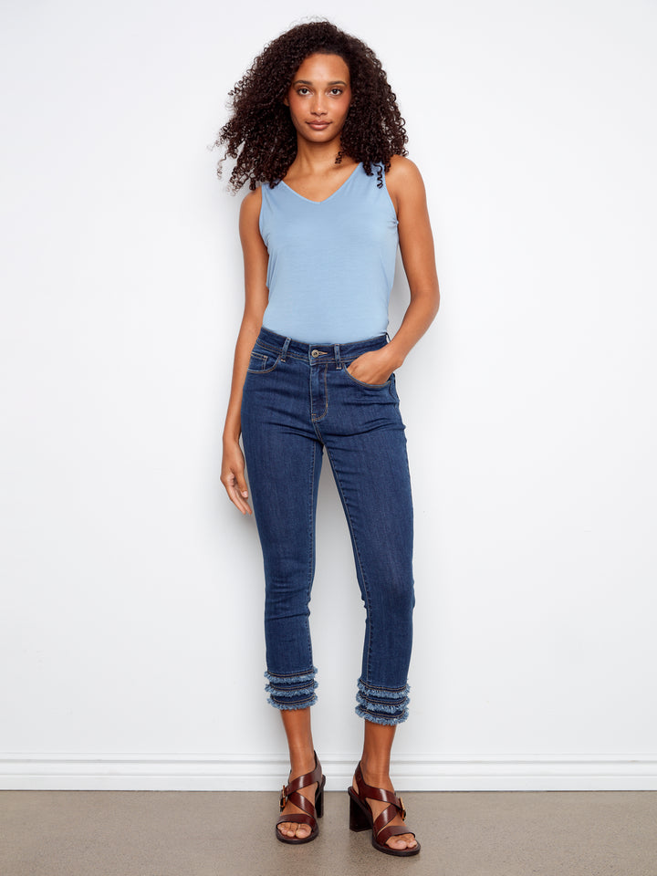 Stretch Denim Cropped Skinny Pants With Frayed Hem Details