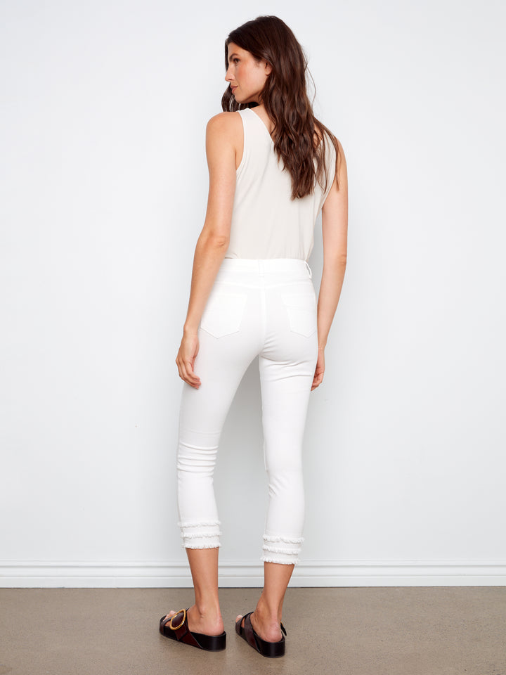Colored Twill Cropped Skinny Pants With Frayed Hem Details