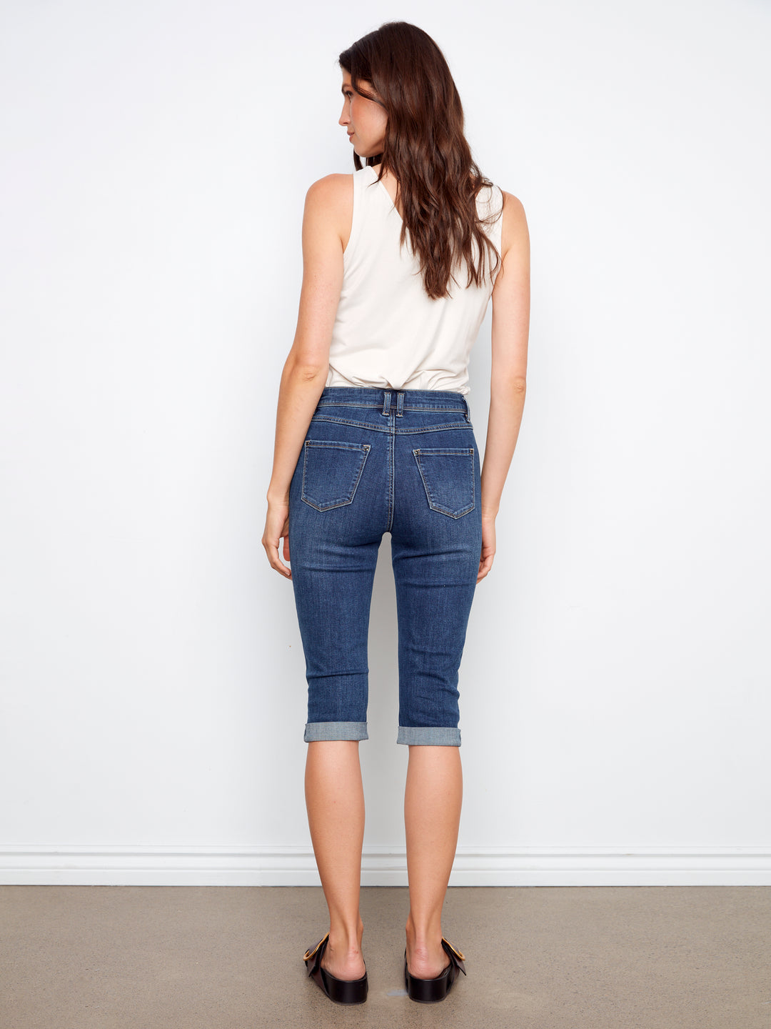Stretch Denim Capri Slim Leg Pants With Cuffed Hem