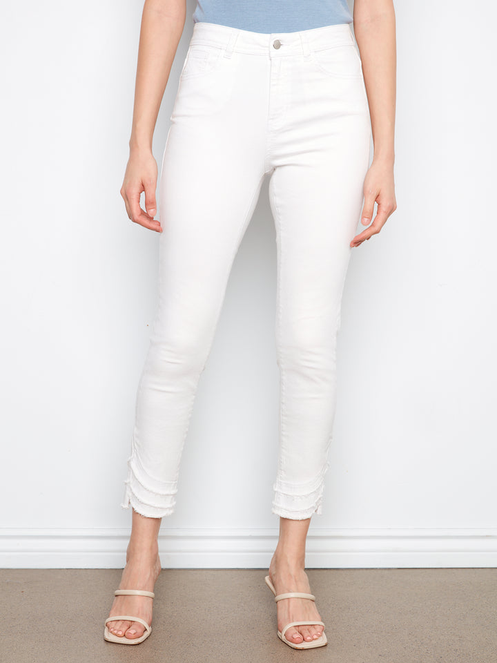 Colored Twill Skinny Leg Pants With Frayed Hem Detail