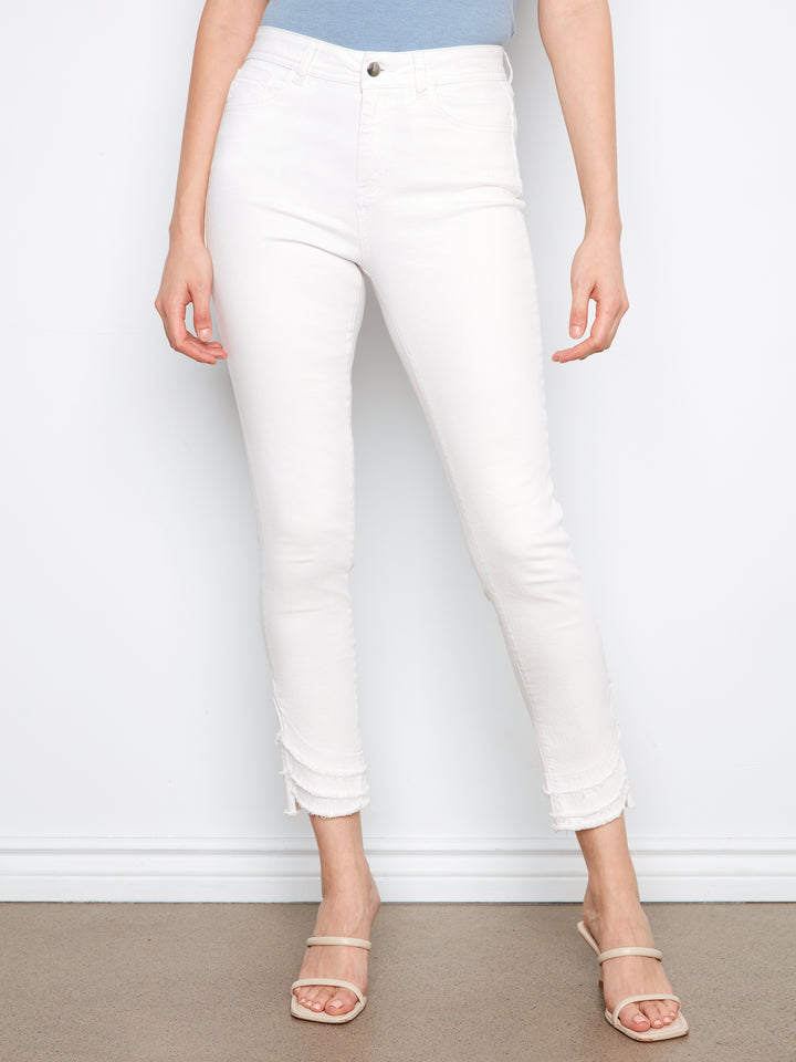 Colored Twill Skinny Leg Pants With Frayed Hem Detail