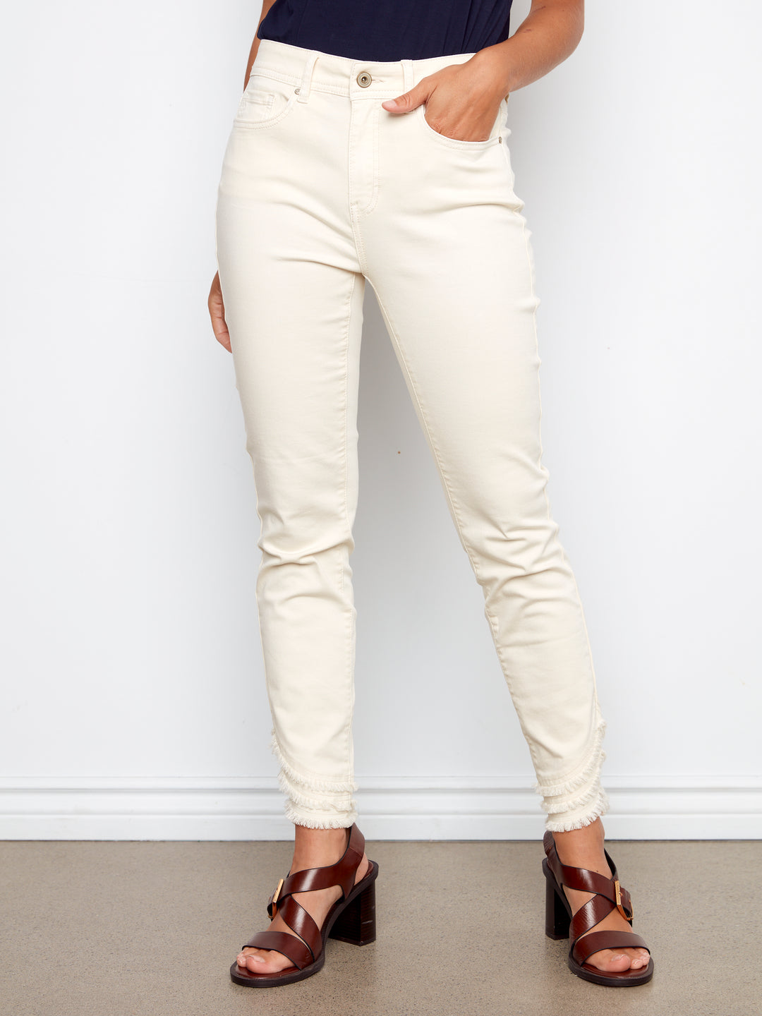 Colored Twill Skinny Leg Pants With Frayed Hem Detail