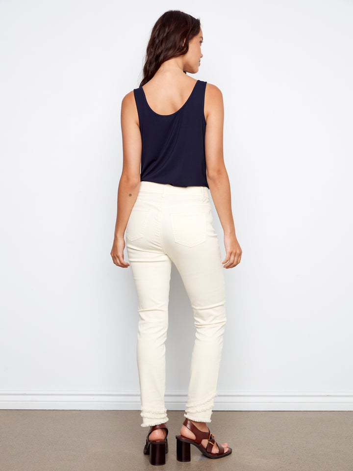 Colored Twill Skinny Leg Pants With Frayed Hem Detail