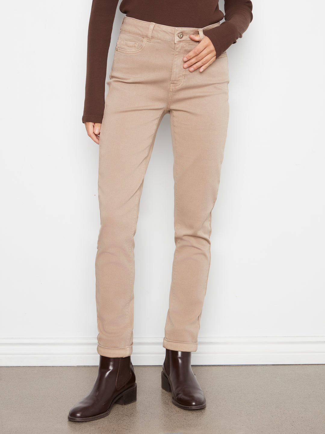 Cuffed Hem Slim 5 Pocket Colored Twill Pants