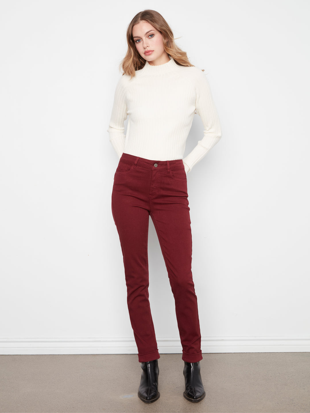 Cuffed Hem Slim 5 Pocket Colored Twill Pants