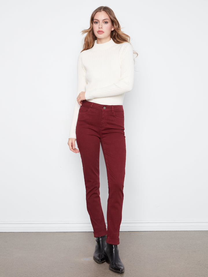 Cuffed Hem Slim 5 Pocket Colored Twill Pants