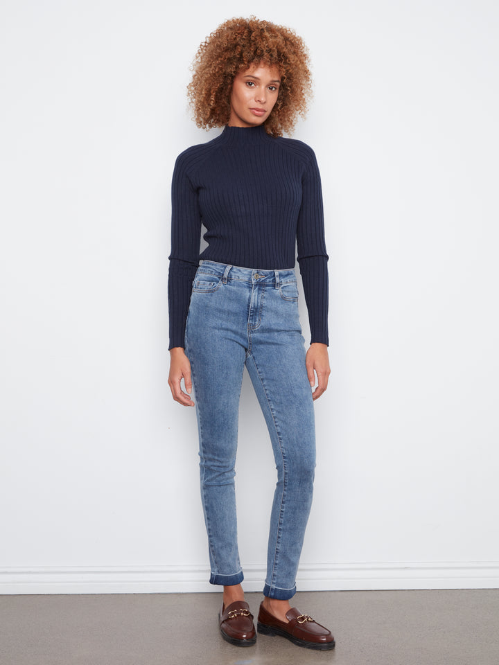 Cuffed Hem Slim 5 Pocket Stretch Denim Pants