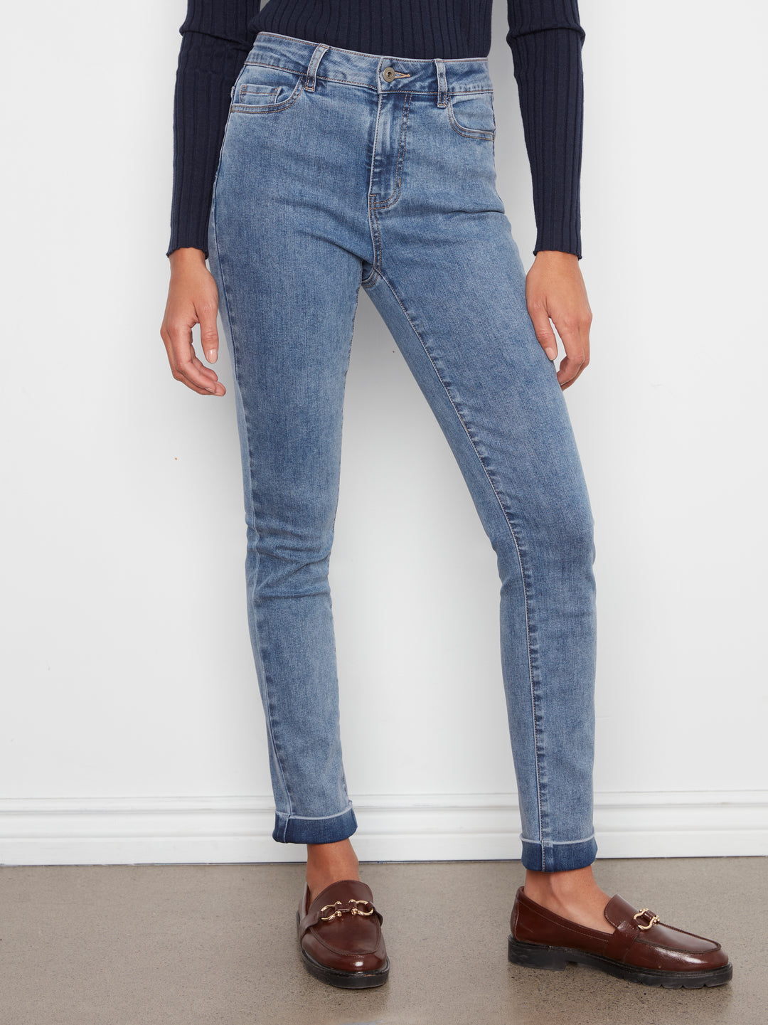 Cuffed Hem Slim 5 Pocket Stretch Denim Pants