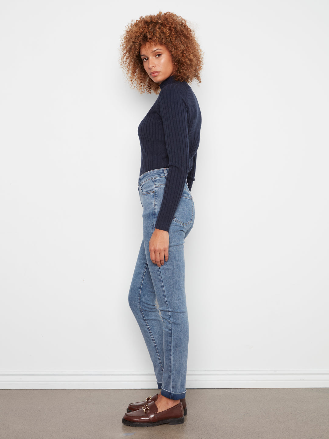 Cuffed Hem Slim 5 Pocket Stretch Denim Pants