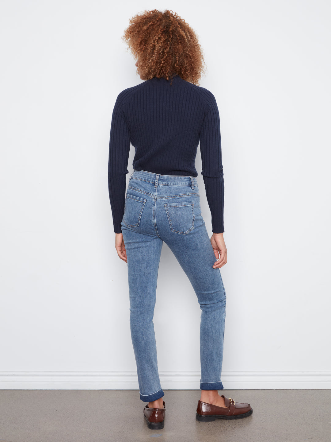 Cuffed Hem Slim 5 Pocket Stretch Denim Pants