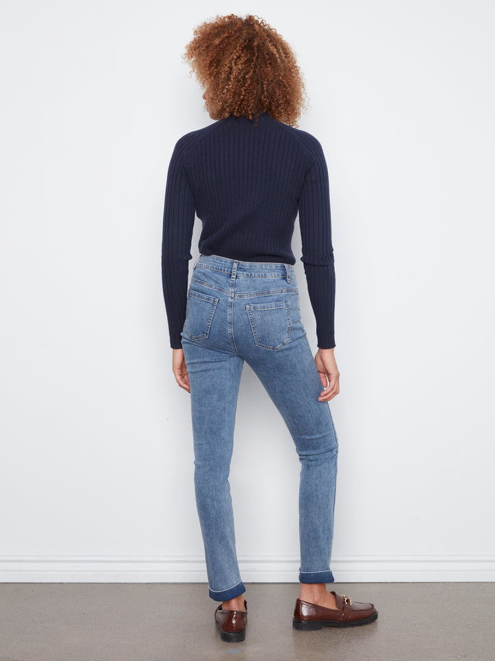Cuffed Hem Slim 5 Pocket Stretch Denim Pants