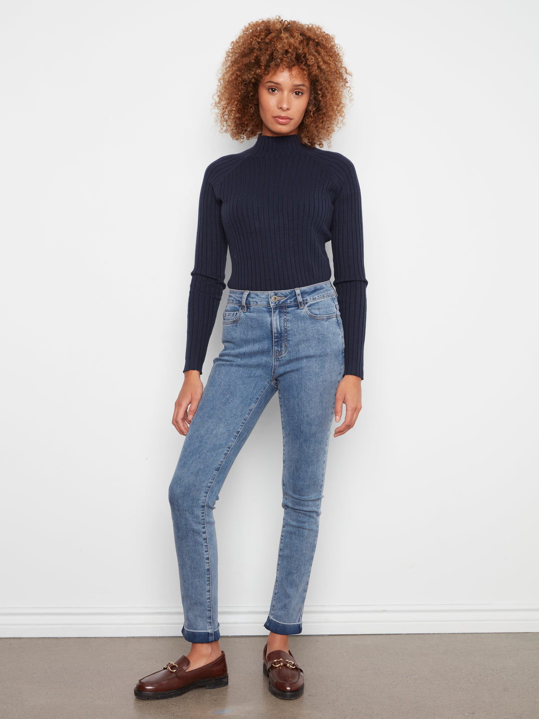 Cuffed Hem Slim 5 Pocket Stretch Denim Pants