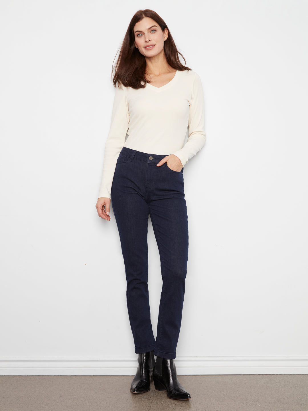 Cuffed Hem Slim 5 Pocket Stretch Denim Pants