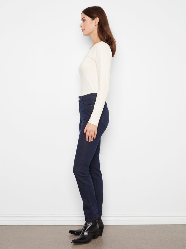 Cuffed Hem Slim 5 Pocket Stretch Denim Pants