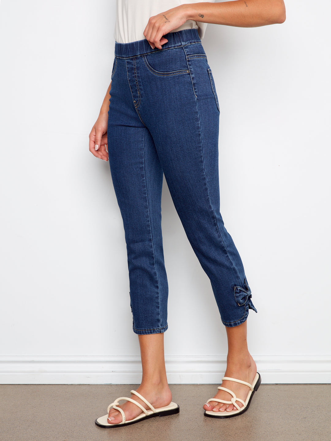 Stretch Denim Pull-On Pants With Bow Detail At Hem