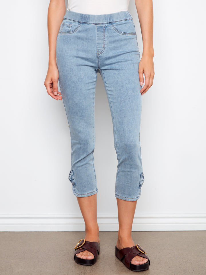 Stretch Denim Pull-On Pants With Bow Detail At Hem