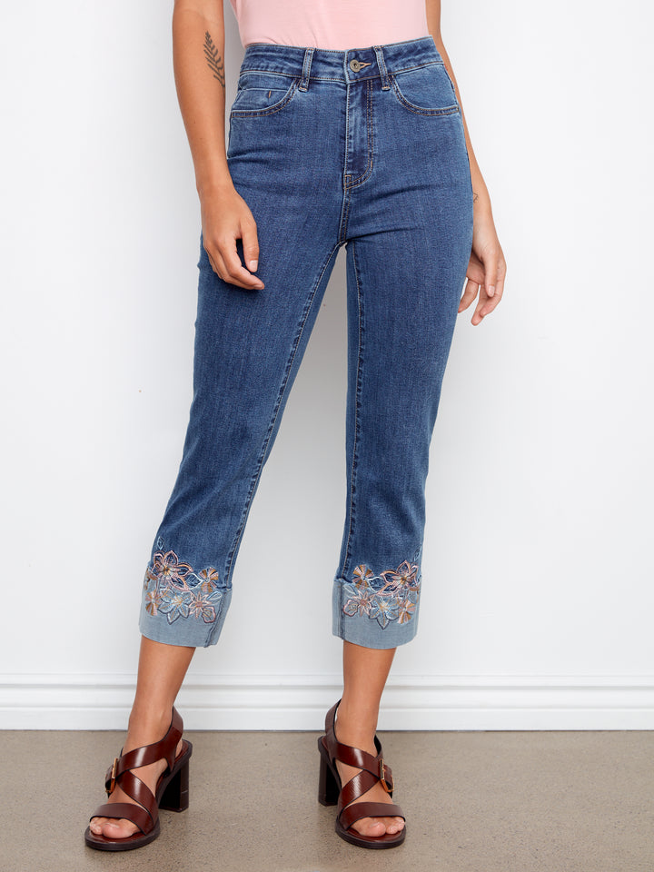 Cropped Stretch Denim Pants With Embroidered Cuff