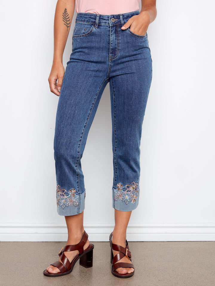 Cropped Stretch Denim Pants With Embroidered Cuff