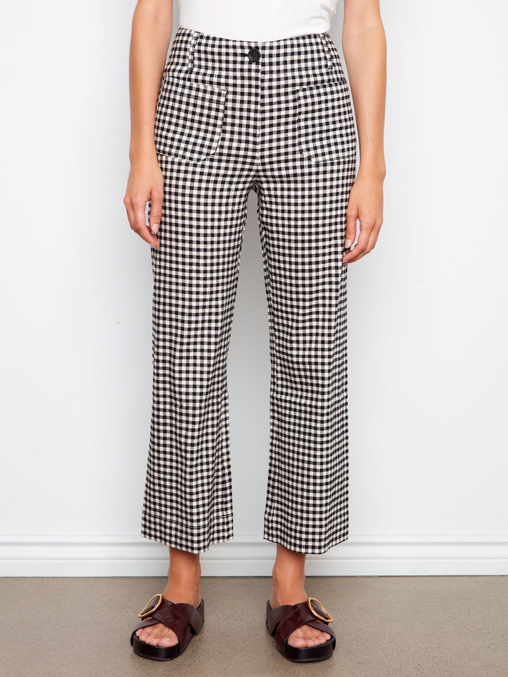 Gingham Wide Leg Pant With Patch Pockets