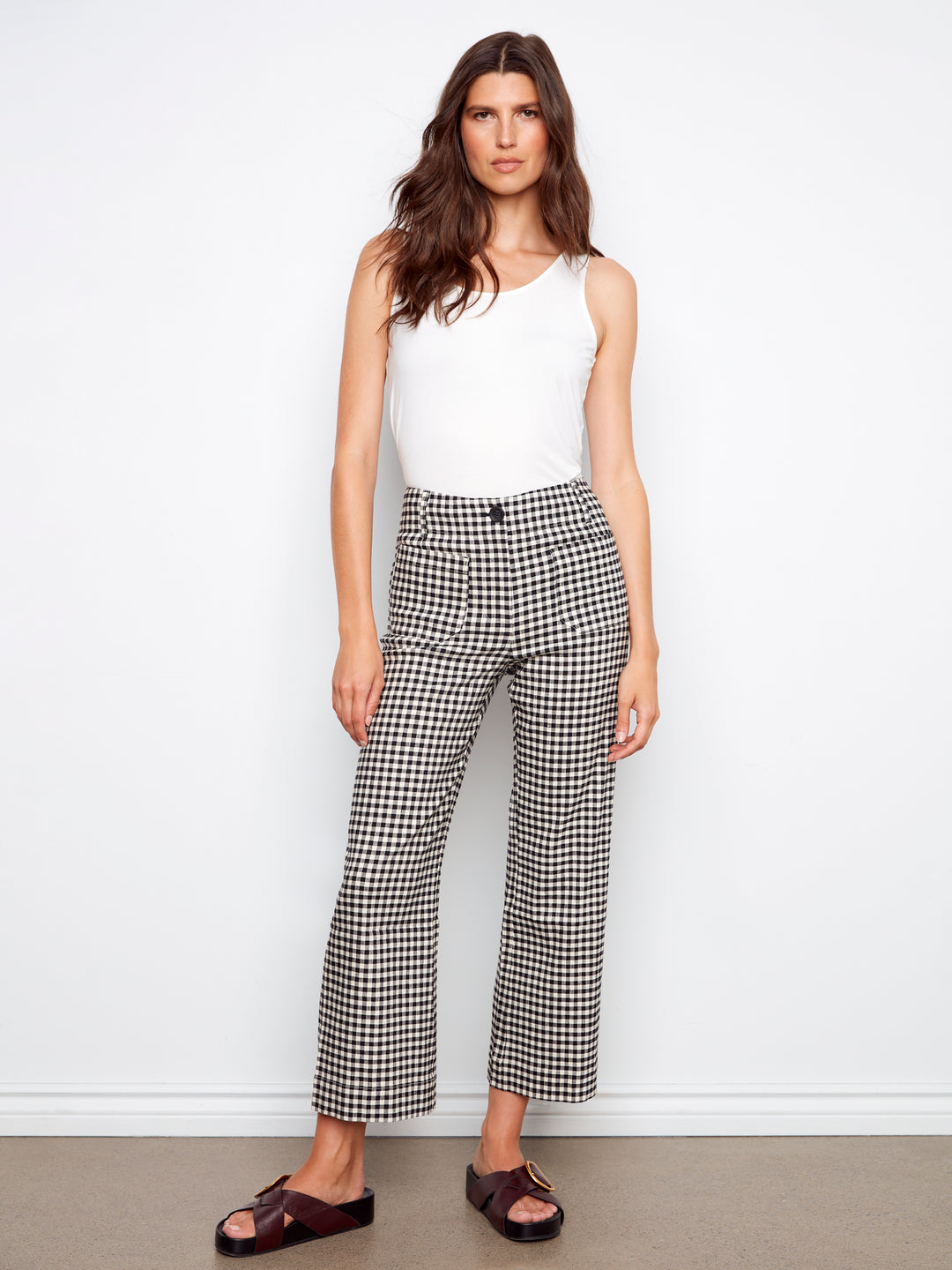 Gingham Wide Leg Pant With Patch Pockets