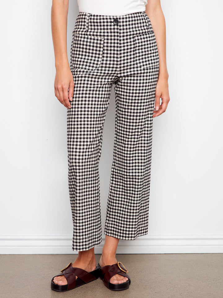 Gingham Wide Leg Pant With Patch Pockets