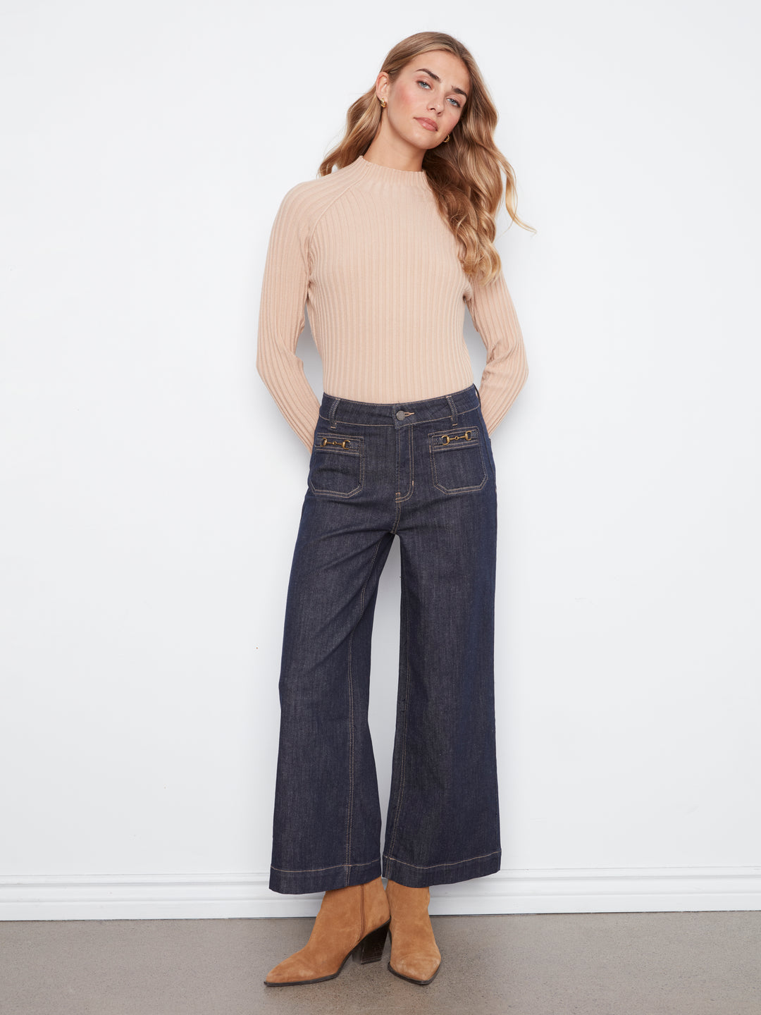 Cropped Insert Pocket With Horsebit Wide Leg Stretch Denim Pants