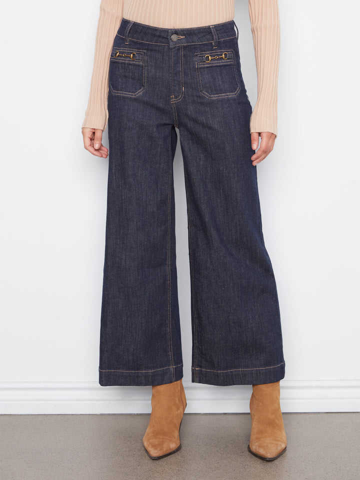 Cropped Insert Pocket With Horsebit Wide Leg Stretch Denim Pants