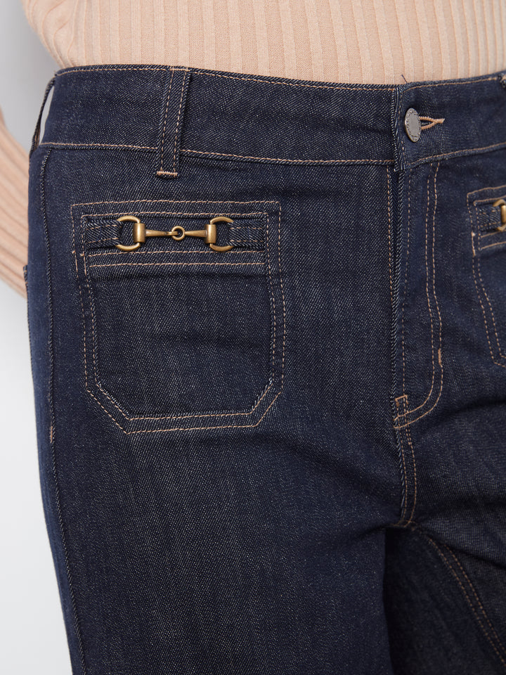 Cropped Insert Pocket With Horsebit Wide Leg Stretch Denim Pants