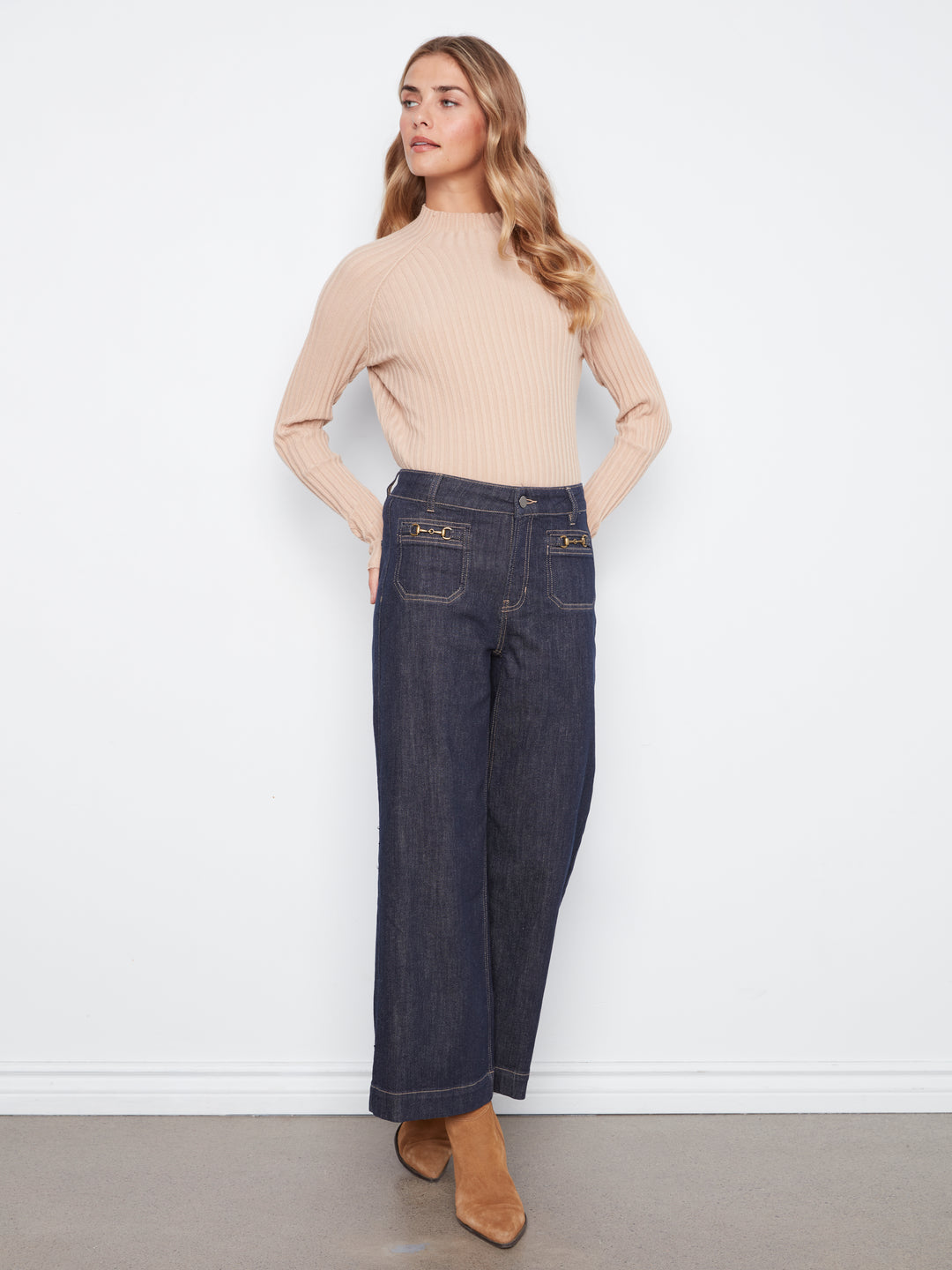 Cropped Insert Pocket With Horsebit Wide Leg Stretch Denim Pants