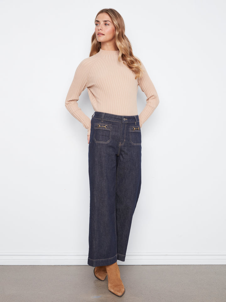 Cropped Insert Pocket With Horsebit Wide Leg Stretch Denim Pants