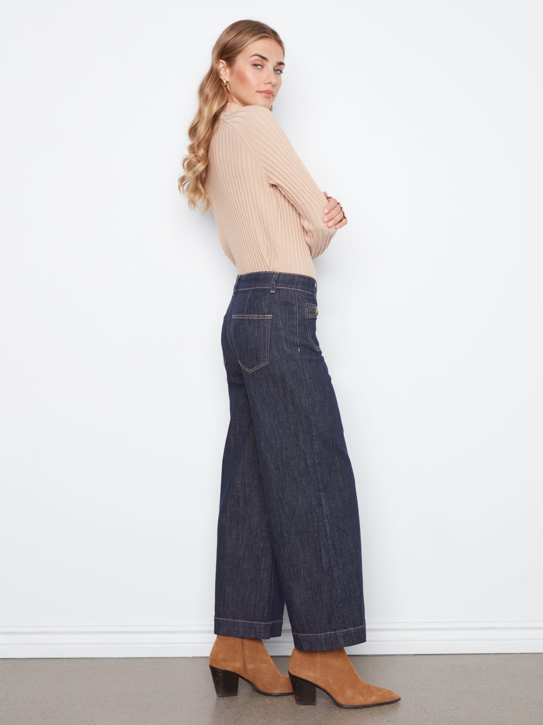 Cropped Insert Pocket With Horsebit Wide Leg Stretch Denim Pants