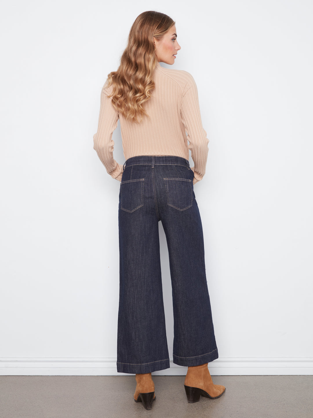 Cropped Insert Pocket With Horsebit Wide Leg Stretch Denim Pants