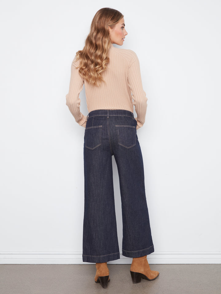 Cropped Insert Pocket With Horsebit Wide Leg Stretch Denim Pants