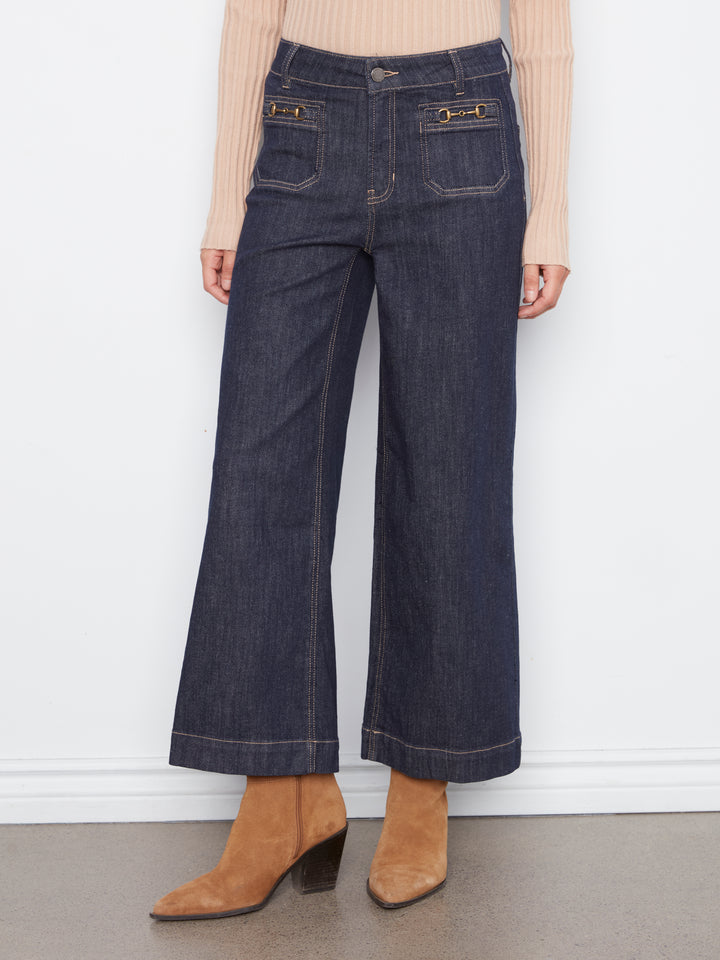 Cropped Insert Pocket With Horsebit Wide Leg Stretch Denim Pants