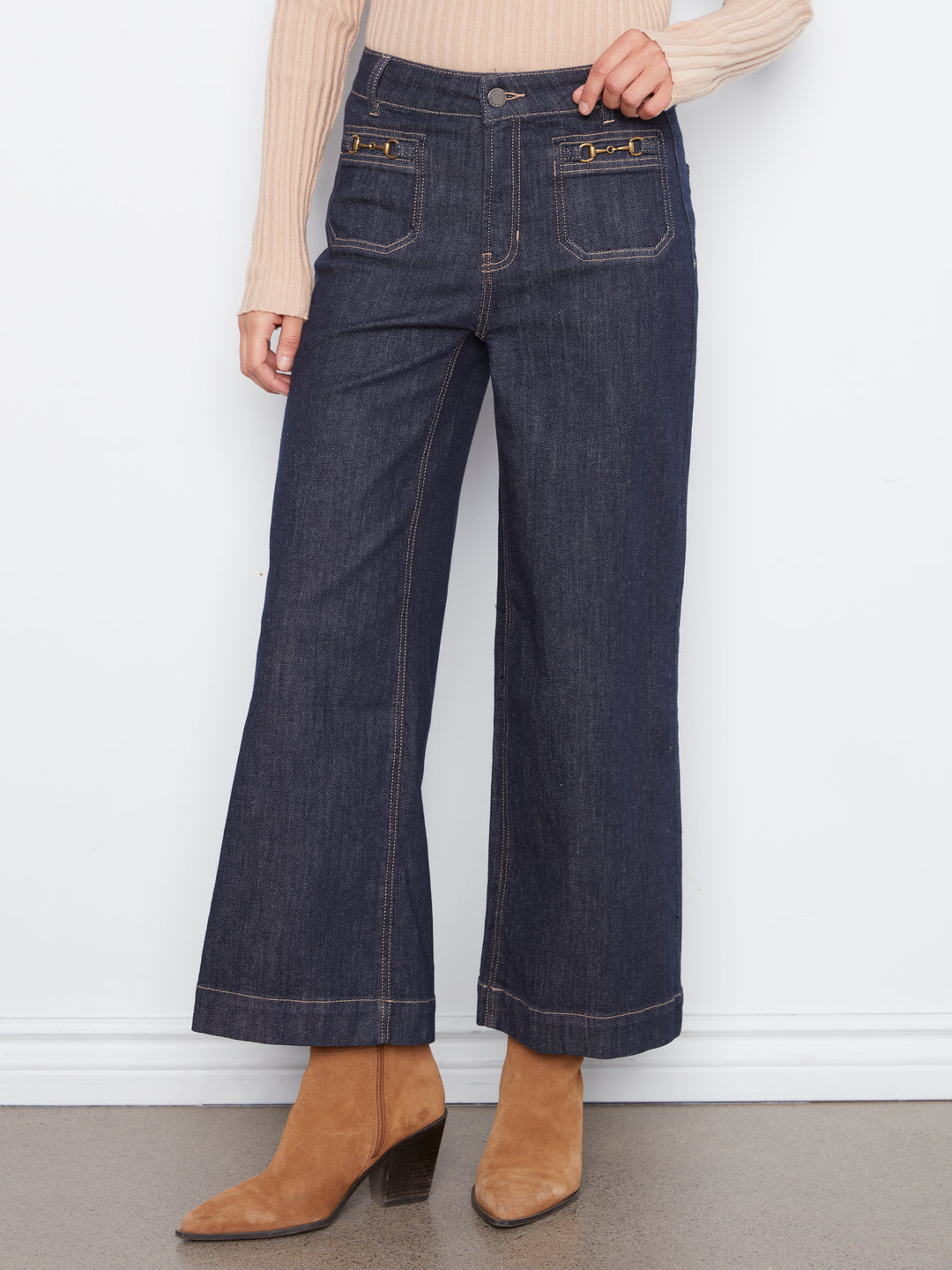 Cropped Insert Pocket With Horsebit Wide Leg Stretch Denim Pants